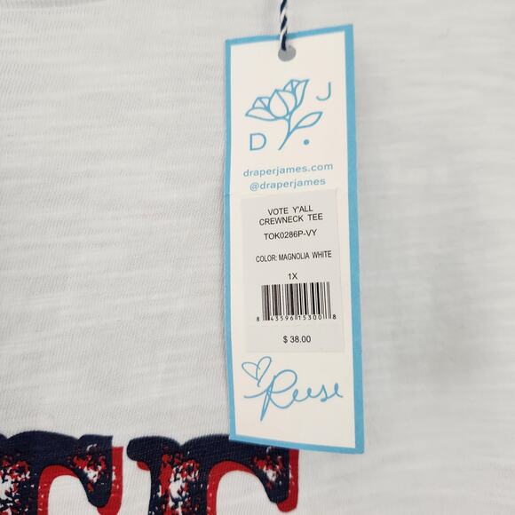 New Draper James Vote Y'all T-Shirt Women 1X White Navy Red Text - Picture 6 of 6